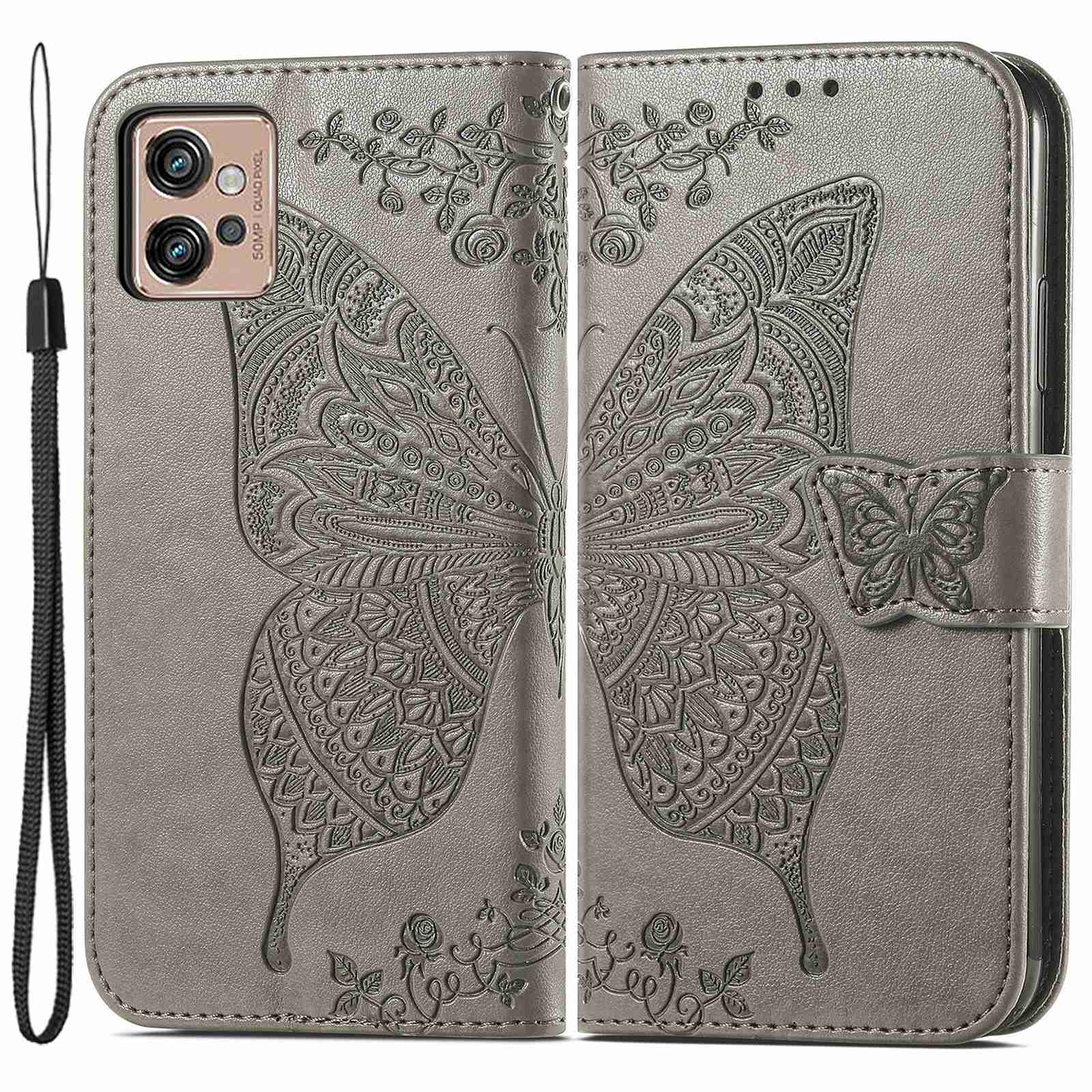 For Motorola Moto G32 4G Imprinted Butterfly Pattern PU Leather Stand Case Magnetic Clasp Phone Wallet Cover with Strap