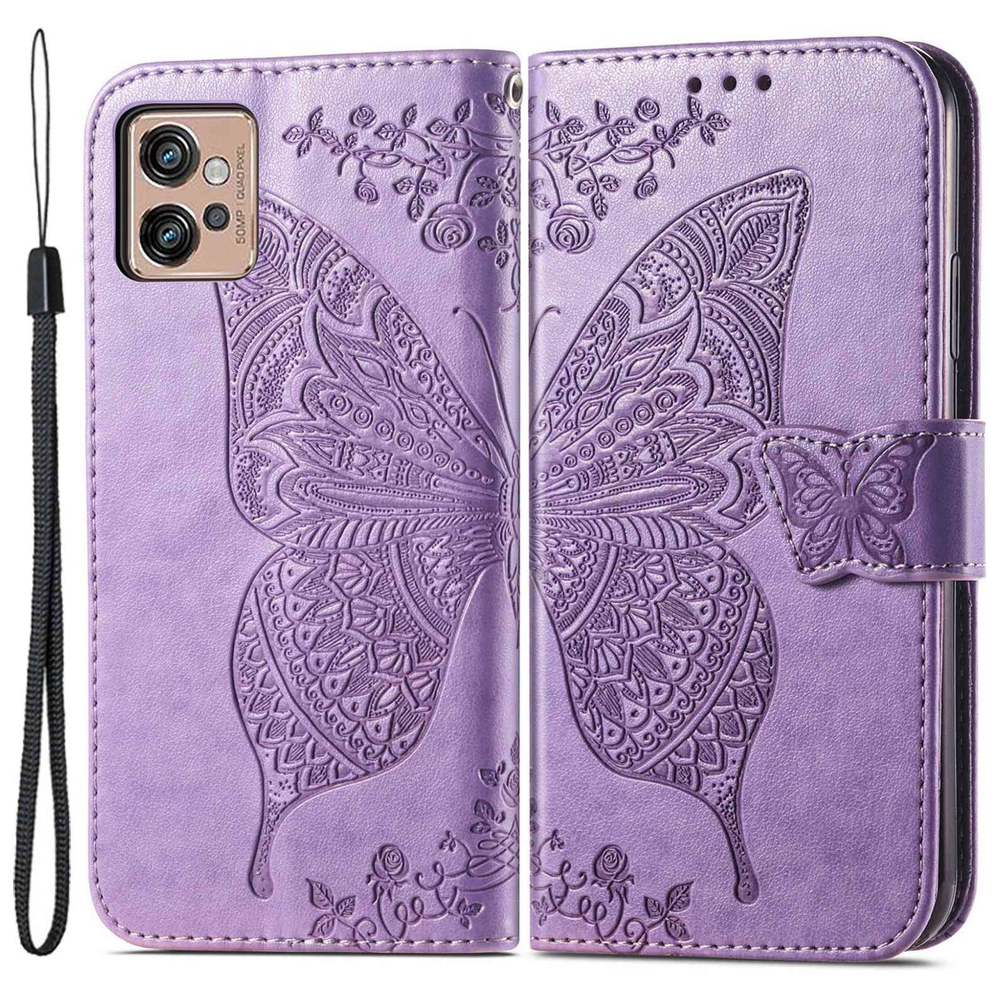 For Motorola Moto G32 4G Imprinted Butterfly Pattern PU Leather Stand Case Magnetic Clasp Phone Wallet Cover with Strap