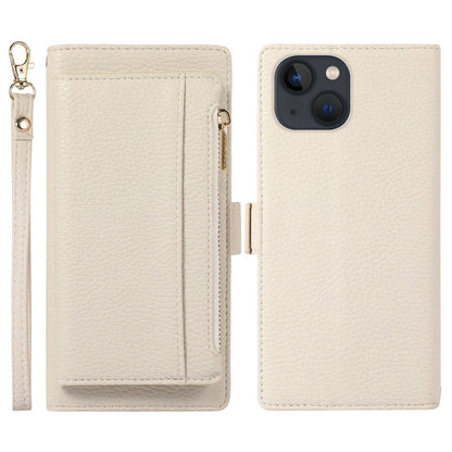 2 in 1 Magnetic Litchi Textured Phone Case For iPhone 13 6.1 inch, Full Protection PU Leather Phone Cover with Stand Zippered Pocket Wallet and Strap