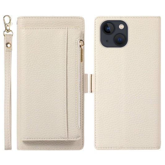 2 in 1 Magnetic Litchi Textured Phone Case For iPhone 13 6.1 inch, Full Protection PU Leather Phone Cover with Stand Zippered Pocket Wallet and Strap