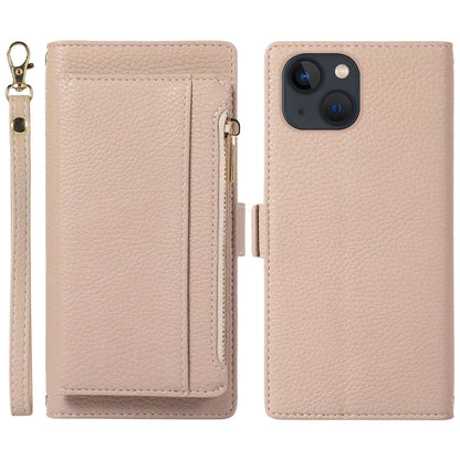 2 in 1 Magnetic Litchi Textured Phone Case For iPhone 13 6.1 inch, Full Protection PU Leather Phone Cover with Stand Zippered Pocket Wallet and Strap