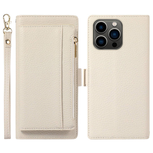 2 in 1 Magnetic Phone Case For iPhone 14 Pro, Zippered Pocket Wallet Litchi Textured PU Leather Shell with Stand Drop-proof Phone Cover