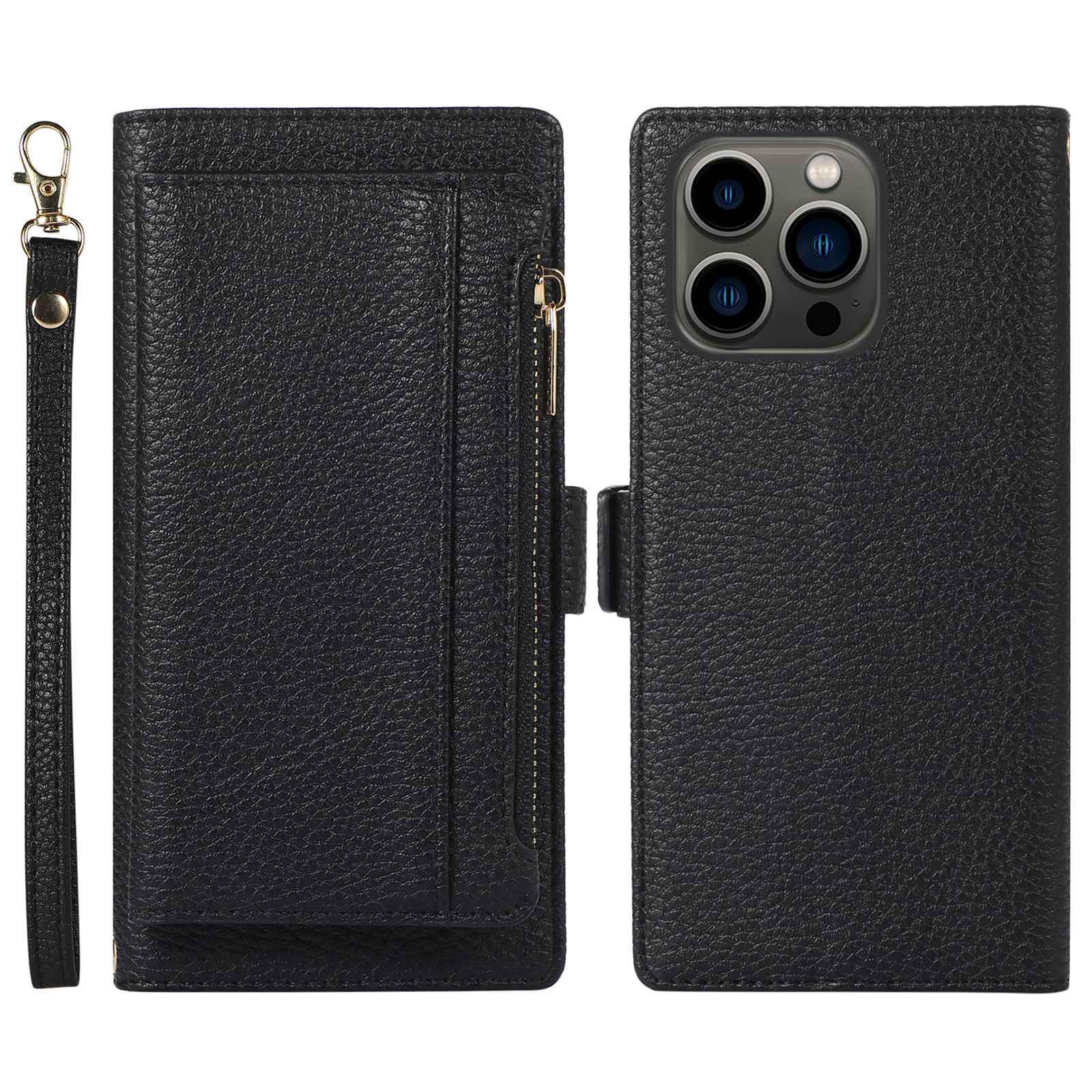 2 in 1 Magnetic Phone Case For iPhone 14 Pro, Zippered Pocket Wallet Litchi Textured PU Leather Shell with Stand Drop-proof Phone Cover