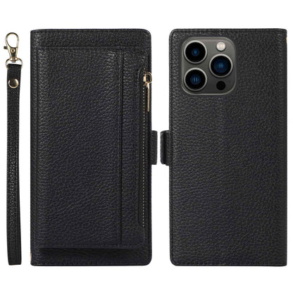 2 in 1 Magnetic Phone Case For iPhone 14 Pro, Zippered Pocket Wallet Litchi Textured PU Leather Shell with Stand Drop-proof Phone Cover