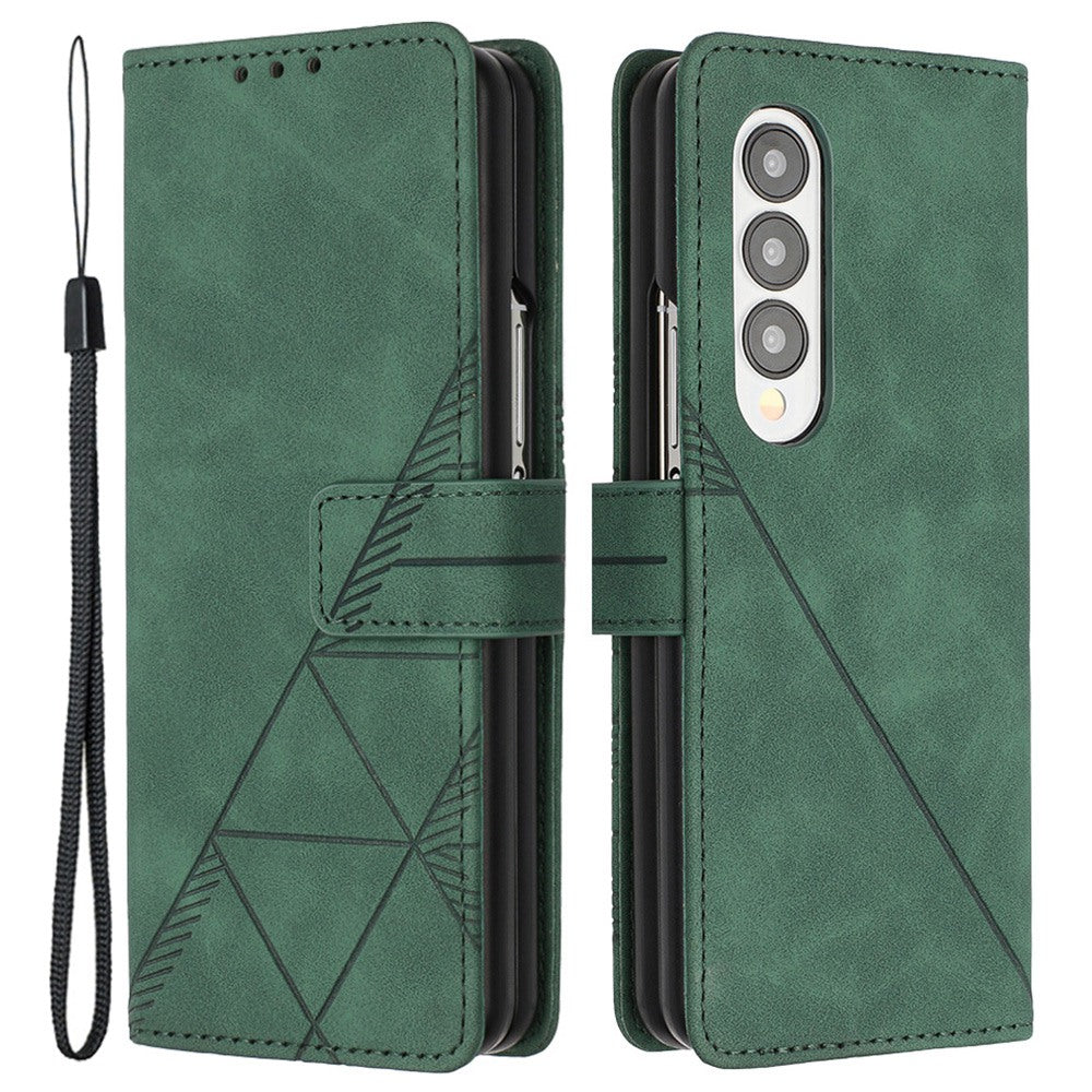 YB Imprinting Series-1 For Samsung Galaxy Z Fold3 5G Imprinted Lines Business PU Leather Phone Cover Full Body Protective Stand Flip Wallet Case with Strap