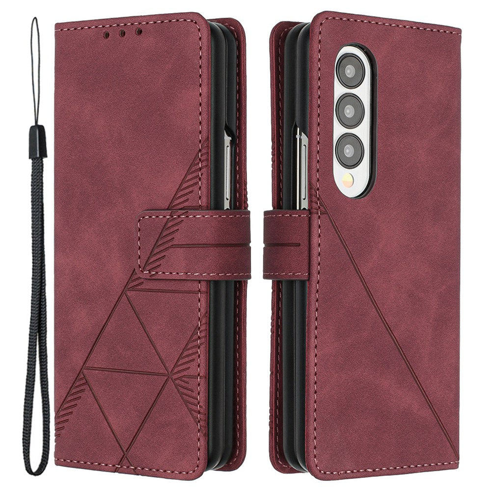 YB Imprinting Series-1 For Samsung Galaxy Z Fold3 5G Imprinted Lines Business PU Leather Phone Cover Full Body Protective Stand Flip Wallet Case with Strap