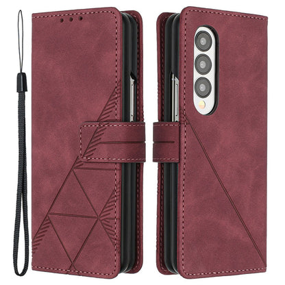YB Imprinting Series-1 For Samsung Galaxy Z Fold3 5G Imprinted Lines Business PU Leather Phone Cover Full Body Protective Stand Flip Wallet Case with Strap