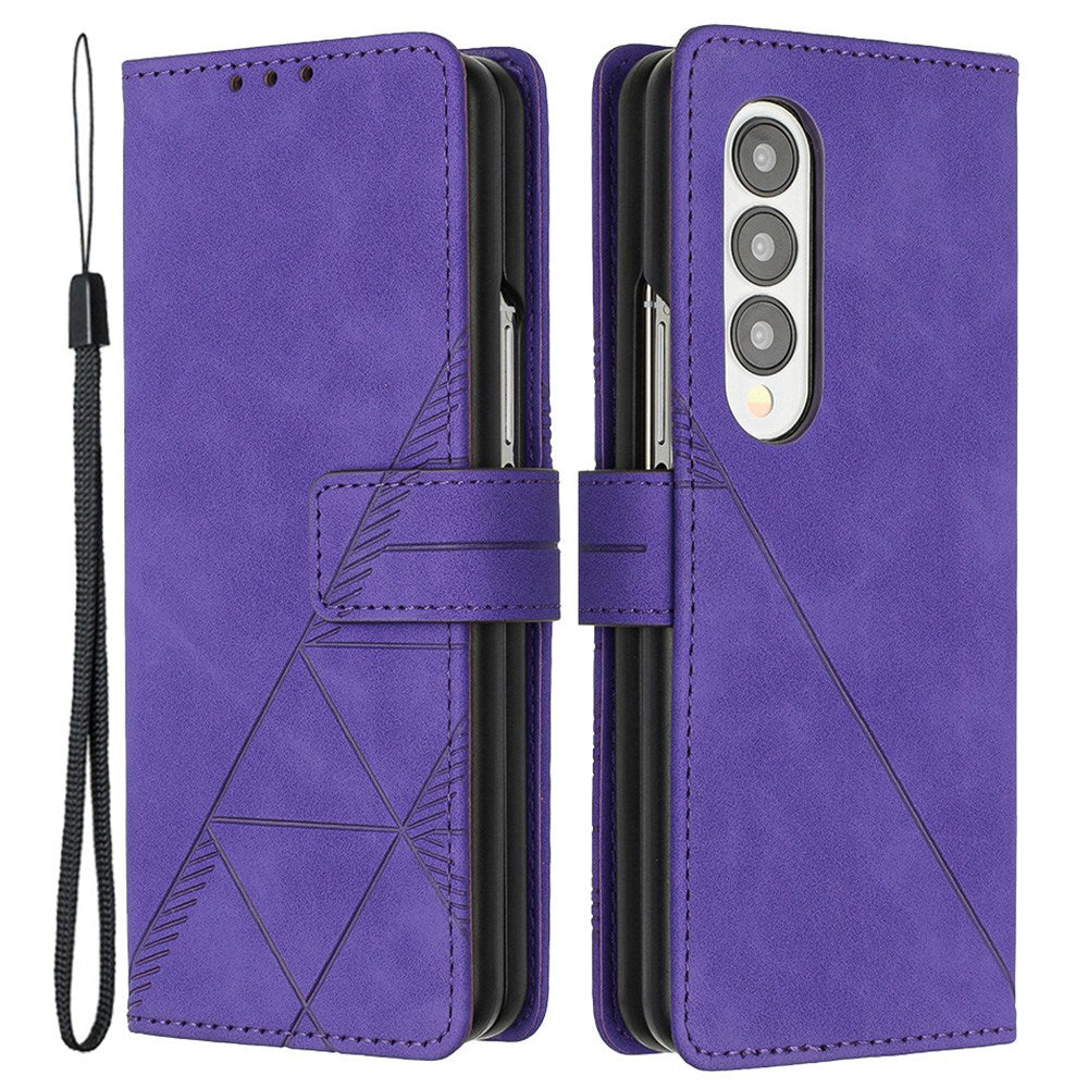 YB Imprinting Series-1 For Samsung Galaxy Z Fold3 5G Imprinted Lines Business PU Leather Phone Cover Full Body Protective Stand Flip Wallet Case with Strap