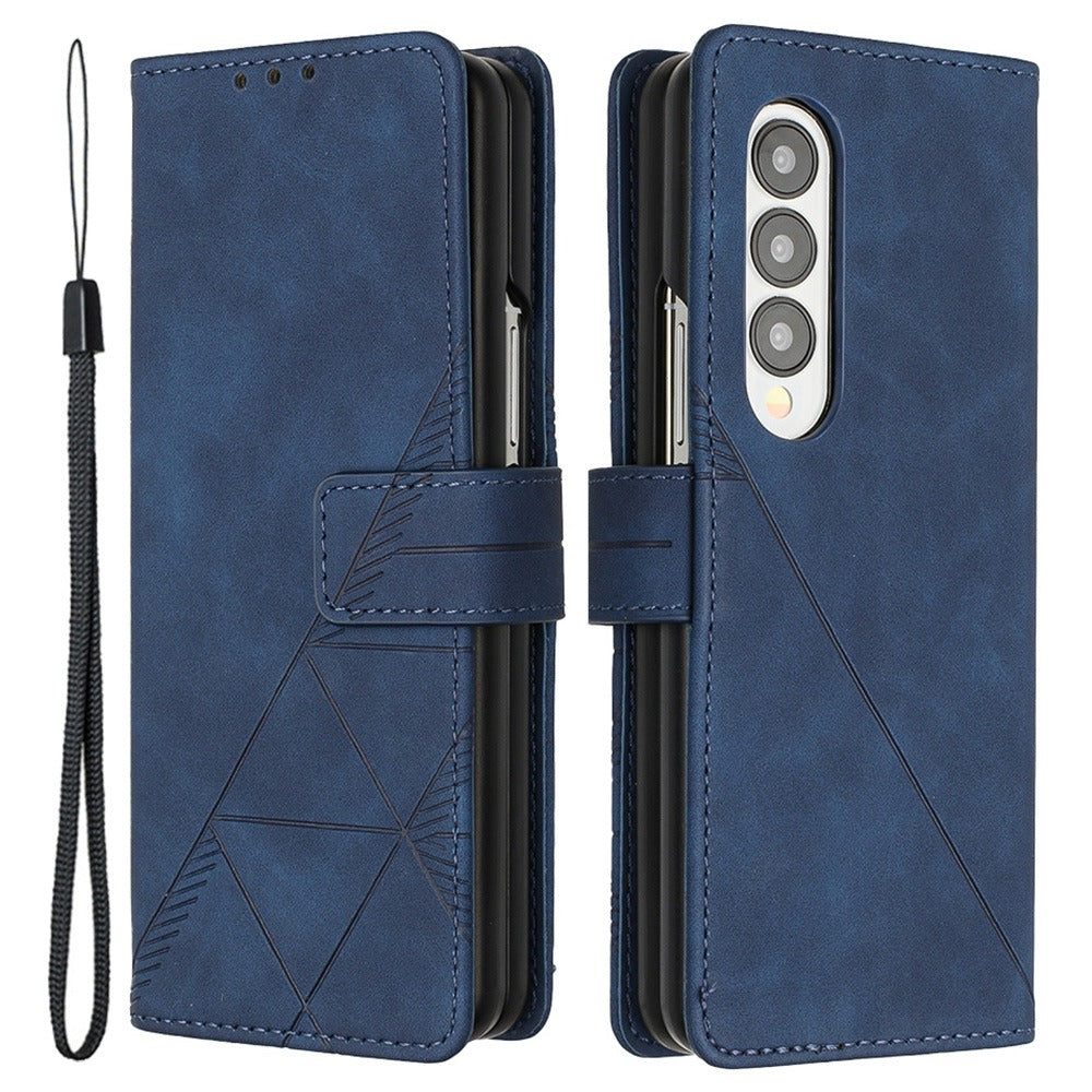 YB Imprinting Series-1 For Samsung Galaxy Z Fold4 5G Imprinted Lines PU Leather Business Cover Magnetic Closure Wallet Stand Flip Phone Case with Hand Strap