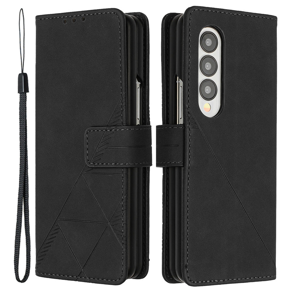 YB Imprinting Series-1 For Samsung Galaxy Z Fold4 5G Imprinted Lines PU Leather Business Cover Magnetic Closure Wallet Stand Flip Phone Case with Hand Strap