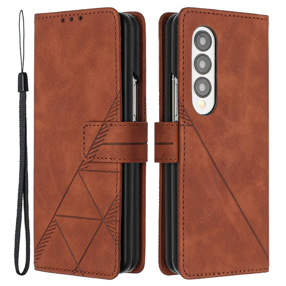 YB Imprinting Series-1 For Samsung Galaxy Z Fold4 5G Imprinted Lines PU Leather Business Cover Magnetic Closure Wallet Stand Flip Phone Case with Hand Strap
