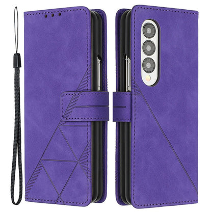 YB Imprinting Series-1 For Samsung Galaxy Z Fold4 5G Imprinted Lines PU Leather Business Cover Magnetic Closure Wallet Stand Flip Phone Case with Hand Strap
