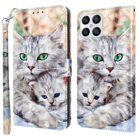 For Honor X8 4G 4G PU Leather 3D Pattern Printing Anti-drop Case Magnetic Clasp Phone Stand Wallet Cover with Strap