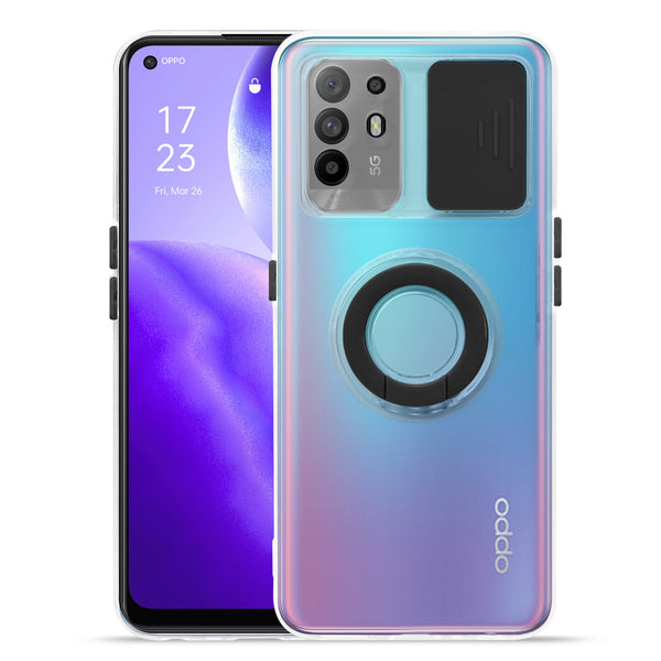For Oppo F19 Pro+ 5G / A94 5G / Reno5 Z Hard PC Soft TPU Impact-Resistant Case Ring Kickstand Shockproof Slim Protective Cover with Color Camera Lens Protector Slider