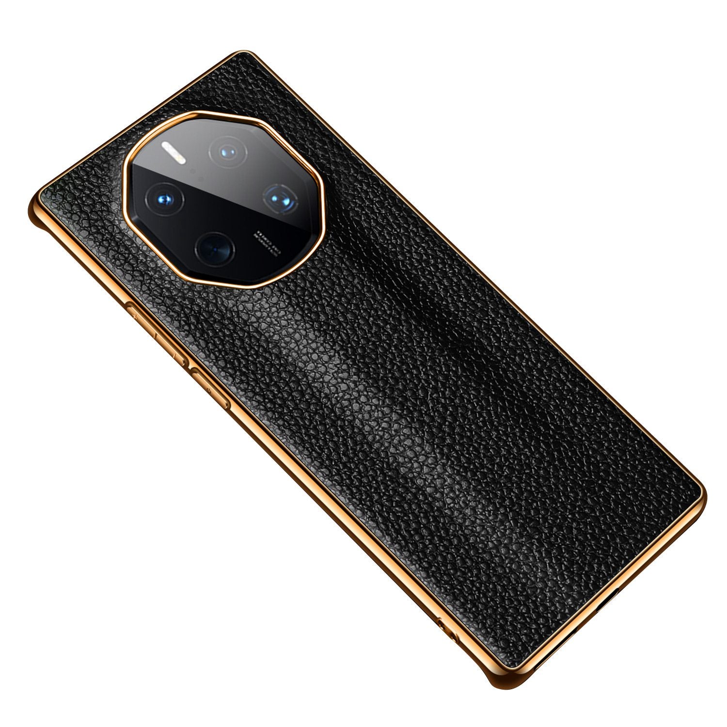 For Huawei Mate 50 RS Porsche Design 4G Cowhide Genuine Leather Coated TPU Back Cover Litchi Texture Electroplating Frame Protective Phone Case