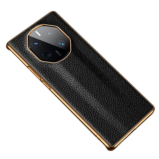 For Huawei Mate 50 RS Porsche Design 4G Cowhide Genuine Leather Coated TPU Back Cover Litchi Texture Electroplating Frame Protective Phone Case