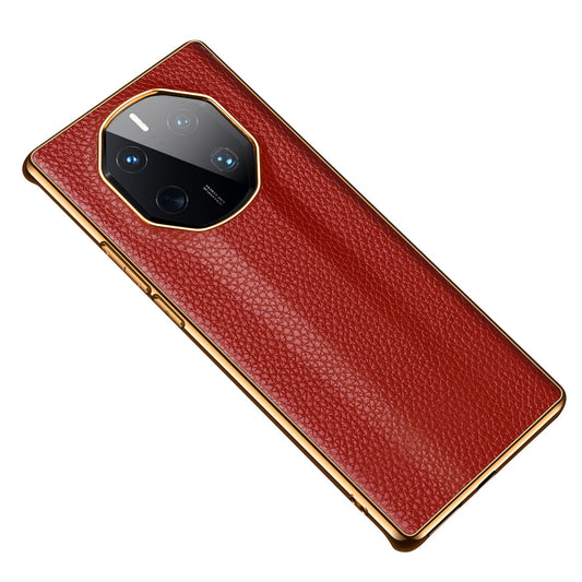 For Huawei Mate 50 RS Porsche Design 4G Cowhide Genuine Leather Coated TPU Back Cover Litchi Texture Electroplating Frame Protective Phone Case