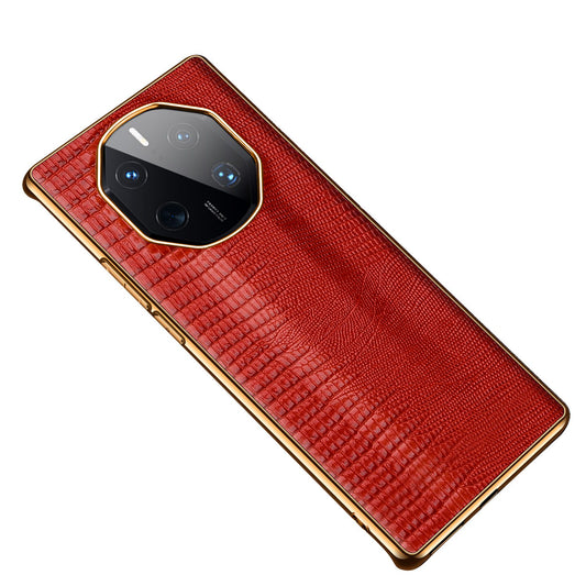For Huawei Mate 50 RS Porsche Design 4G Lizard Texture Electroplating Phone Case Cowhide Genuine Leather Coated TPU Anti-Scratch Cover