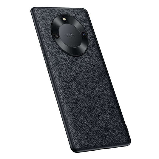 For Honor X40 5G  Litchi Texture Anti-slip Phone Case Cowhide Genuine Leather Coated TPU Back Cover with Metal Camera Frame