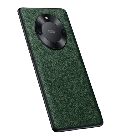 For Honor X40 5G  Litchi Texture Anti-slip Phone Case Cowhide Genuine Leather Coated TPU Back Cover with Metal Camera Frame