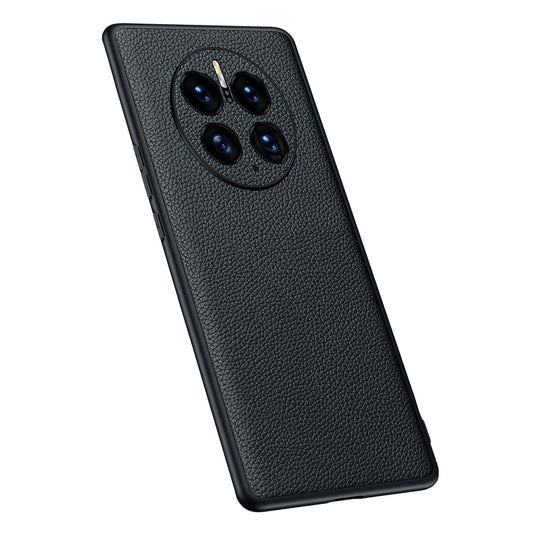 For Huawei Mate 50 Pro 4G Litchi Texture Metal Camera Protection Phone Case Cowhide Genuine Leather Coated TPU Shockproof Cover