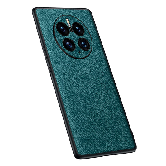 For Huawei Mate 50 Pro 4G Litchi Texture Metal Camera Protection Phone Case Cowhide Genuine Leather Coated TPU Shockproof Cover