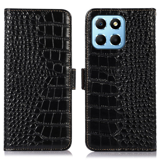 For Honor X8 5G RFID Blocking Wallet Phone Case Crocodile Texture Genuine Cowhide Leather Stand Magnetic Protect Flip Cover