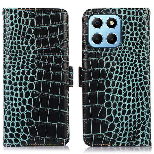 For Honor X8 5G RFID Blocking Wallet Phone Case Crocodile Texture Genuine Cowhide Leather Stand Magnetic Protect Flip Cover