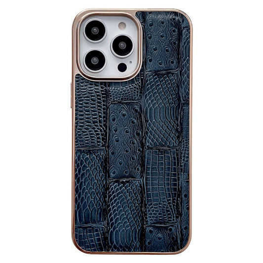 For iPhone 13 Pro 6.1 inch Slim Nano Electroplating Mahjong Texture Cell Phone Back Cover Genuine Cowhide Leather+PC+TPU Phone Shell