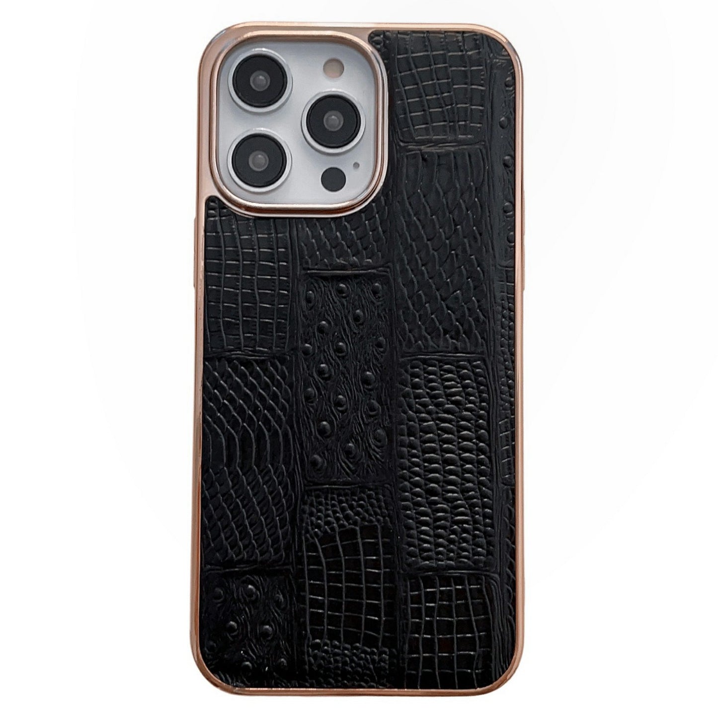For iPhone 13 Pro 6.1 inch Slim Nano Electroplating Mahjong Texture Cell Phone Back Cover Genuine Cowhide Leather+PC+TPU Phone Shell