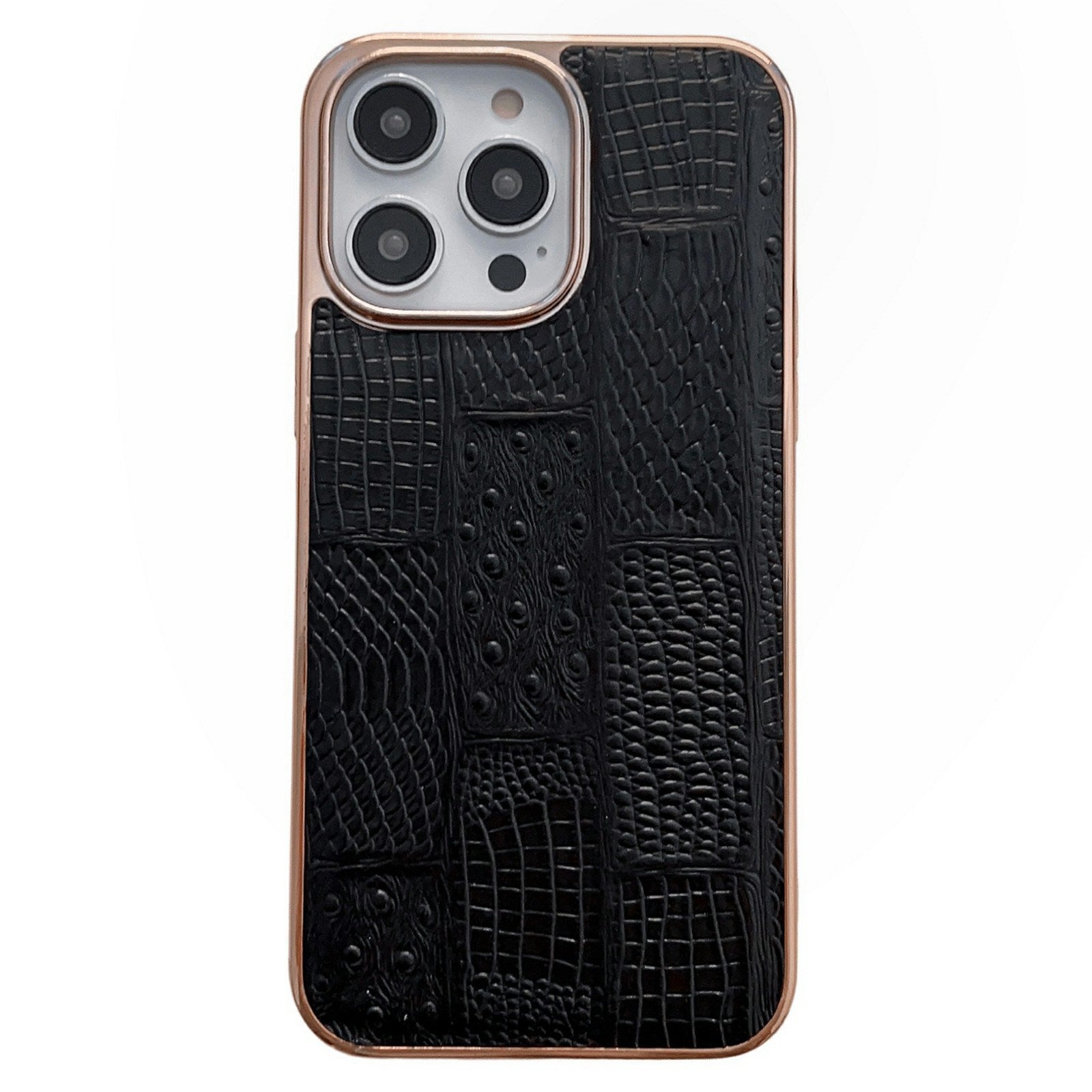 For iPhone 13 Pro 6.1 inch Slim Nano Electroplating Mahjong Texture Cell Phone Back Cover Genuine Cowhide Leather+PC+TPU Phone Shell