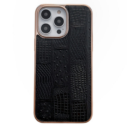 For iPhone 13 Pro 6.1 inch Slim Nano Electroplating Mahjong Texture Cell Phone Back Cover Genuine Cowhide Leather+PC+TPU Phone Shell