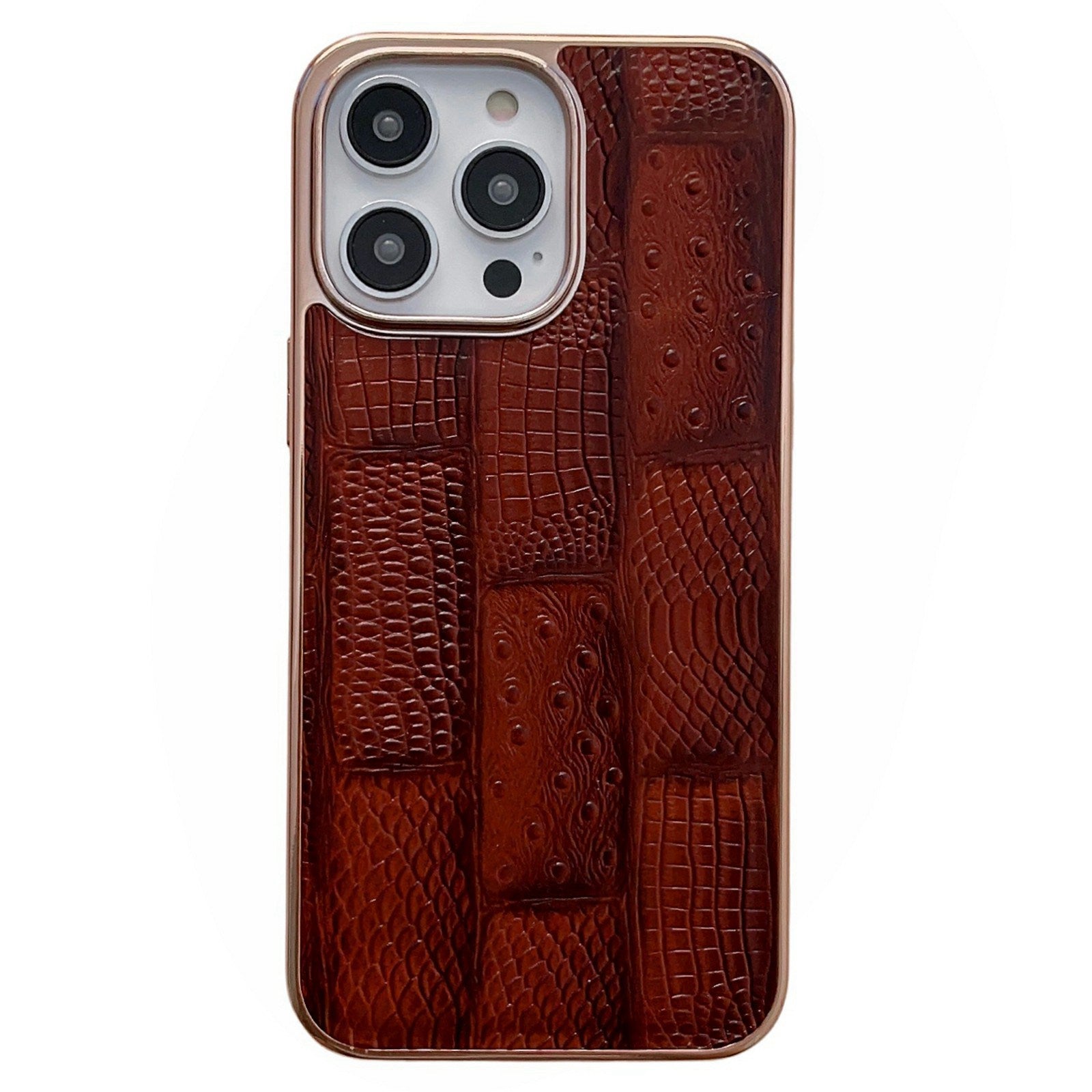 For iPhone 13 Pro 6.1 inch Slim Nano Electroplating Mahjong Texture Cell Phone Back Cover Genuine Cowhide Leather+PC+TPU Phone Shell