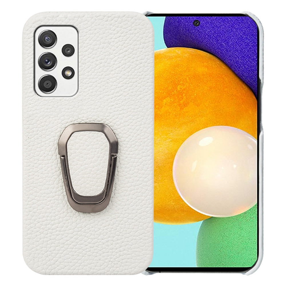 For Samsung Galaxy A52 4G / 5G / A52s 5G Genuine Leather Coated PC Case Scratch-resistant Litchi Texture Ring Kickstand Phone Cover