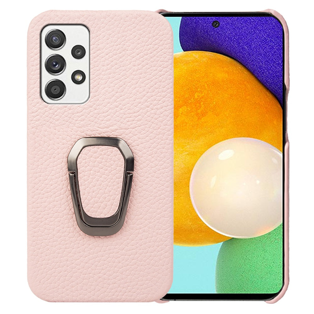 For Samsung Galaxy A52 4G / 5G / A52s 5G Genuine Leather Coated PC Case Scratch-resistant Litchi Texture Ring Kickstand Phone Cover