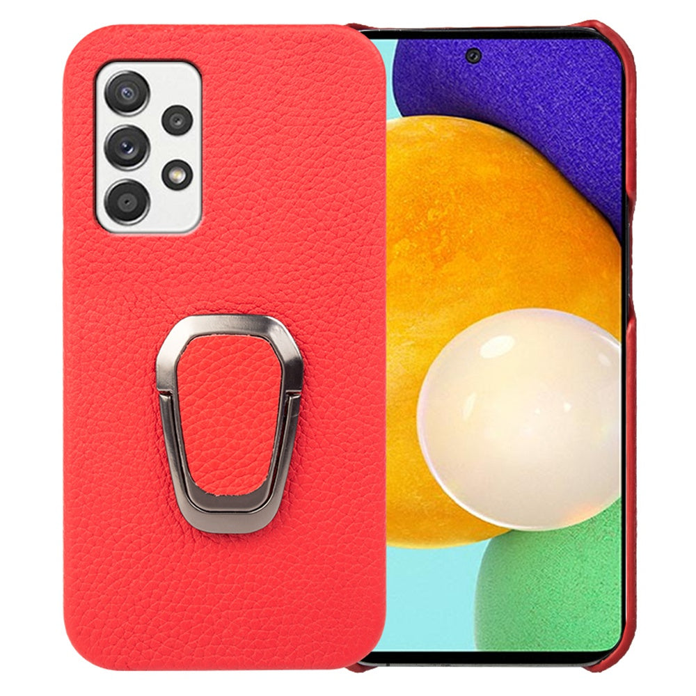 For Samsung Galaxy A52 4G / 5G / A52s 5G Genuine Leather Coated PC Case Scratch-resistant Litchi Texture Ring Kickstand Phone Cover
