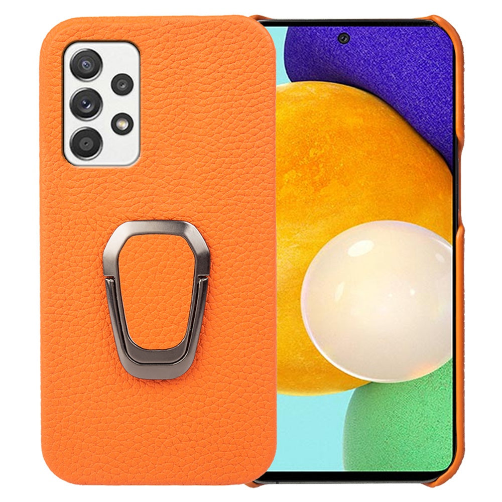 For Samsung Galaxy A52 4G / 5G / A52s 5G Genuine Leather Coated PC Case Scratch-resistant Litchi Texture Ring Kickstand Phone Cover