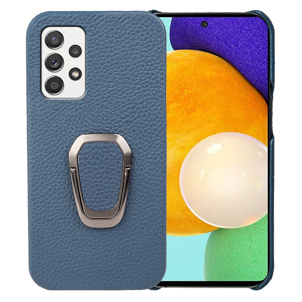 For Samsung Galaxy A52 4G / 5G / A52s 5G Genuine Leather Coated PC Case Scratch-resistant Litchi Texture Ring Kickstand Phone Cover