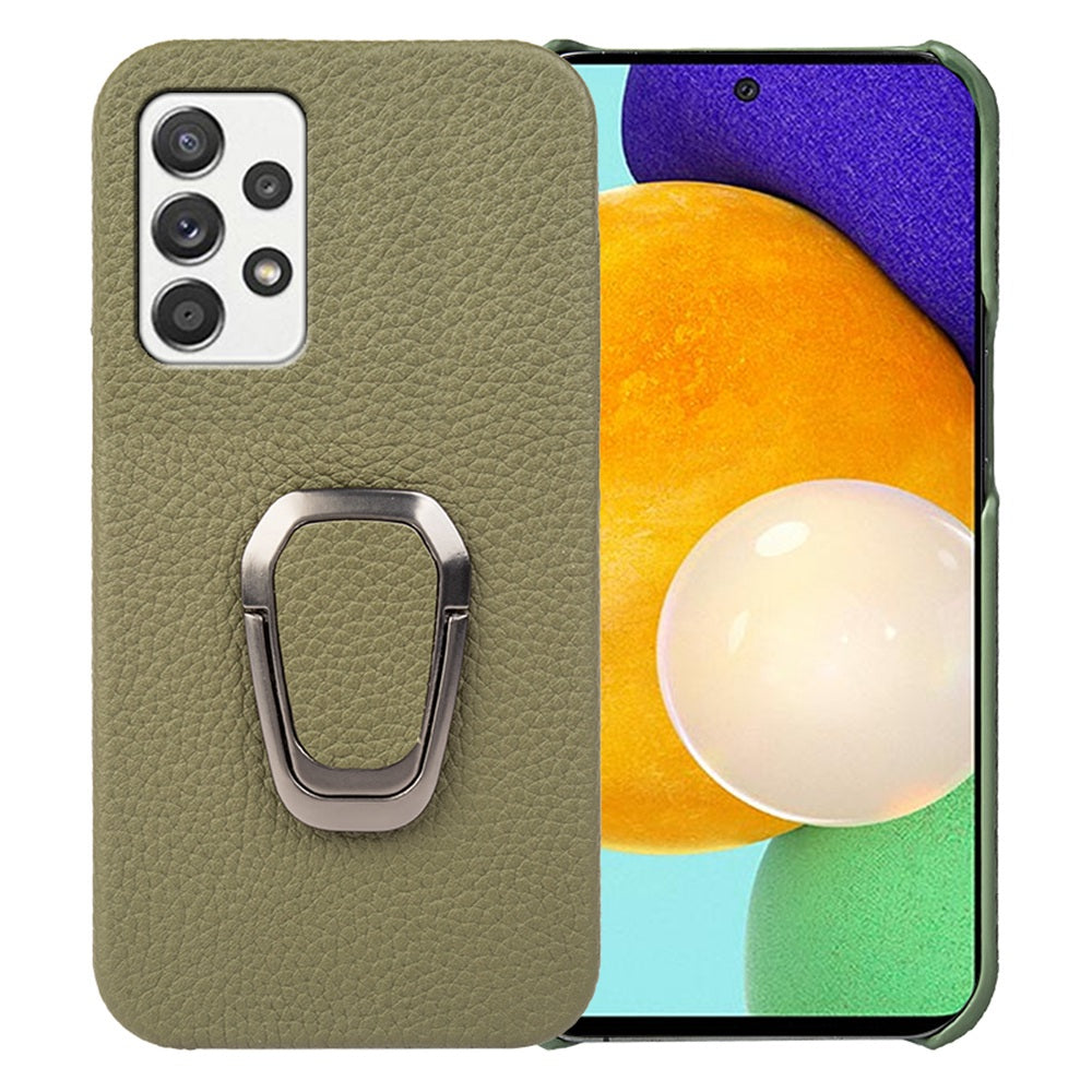 For Samsung Galaxy A52 4G / 5G / A52s 5G Genuine Leather Coated PC Case Scratch-resistant Litchi Texture Ring Kickstand Phone Cover