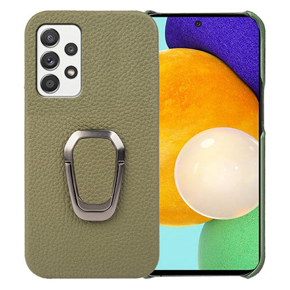 For Samsung Galaxy A52 4G / 5G / A52s 5G Genuine Leather Coated PC Case Scratch-resistant Litchi Texture Ring Kickstand Phone Cover