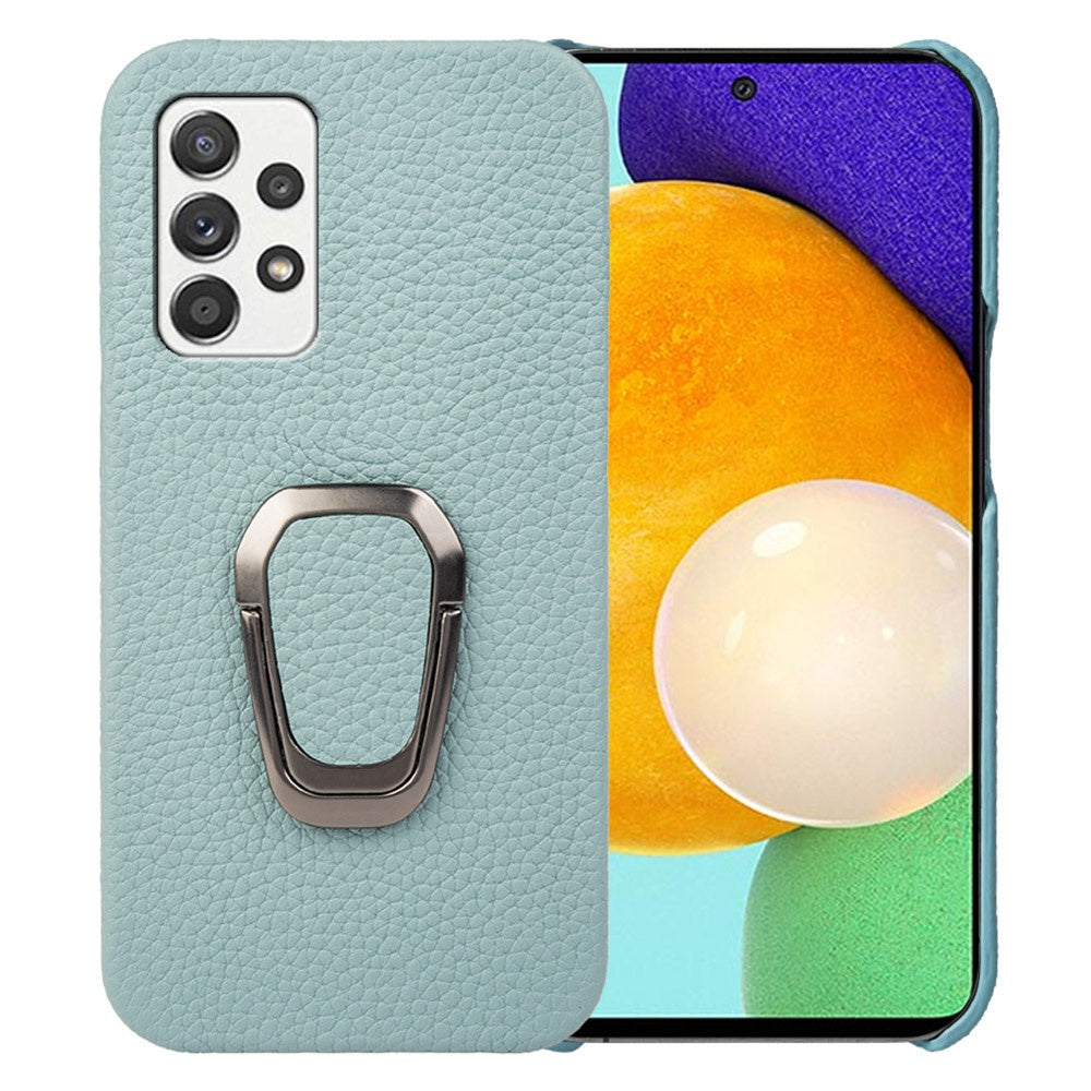 For Samsung Galaxy A52 4G / 5G / A52s 5G Genuine Leather Coated PC Case Scratch-resistant Litchi Texture Ring Kickstand Phone Cover