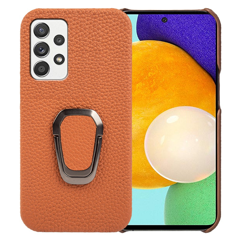 For Samsung Galaxy A52 4G / 5G / A52s 5G Genuine Leather Coated PC Case Scratch-resistant Litchi Texture Ring Kickstand Phone Cover