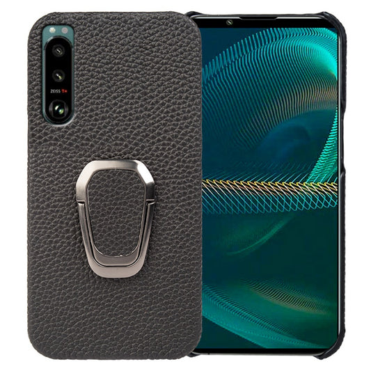 Litchi Texture Phone Cover for Sony Xperia 5 III 5G, Anti-drop Genuine Leather Coated PC Case with Ring Holder Kickstand