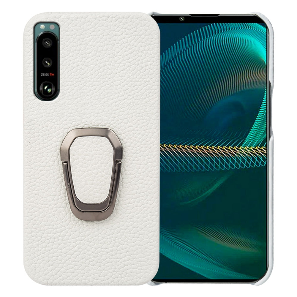 Litchi Texture Phone Cover for Sony Xperia 5 III 5G, Anti-drop Genuine Leather Coated PC Case with Ring Holder Kickstand