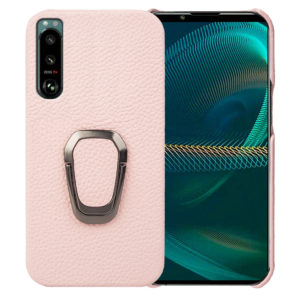 Litchi Texture Phone Cover for Sony Xperia 5 III 5G, Anti-drop Genuine Leather Coated PC Case with Ring Holder Kickstand