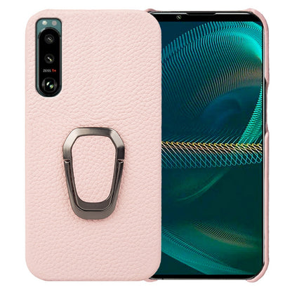 Litchi Texture Phone Cover for Sony Xperia 5 III 5G, Anti-drop Genuine Leather Coated PC Case with Ring Holder Kickstand