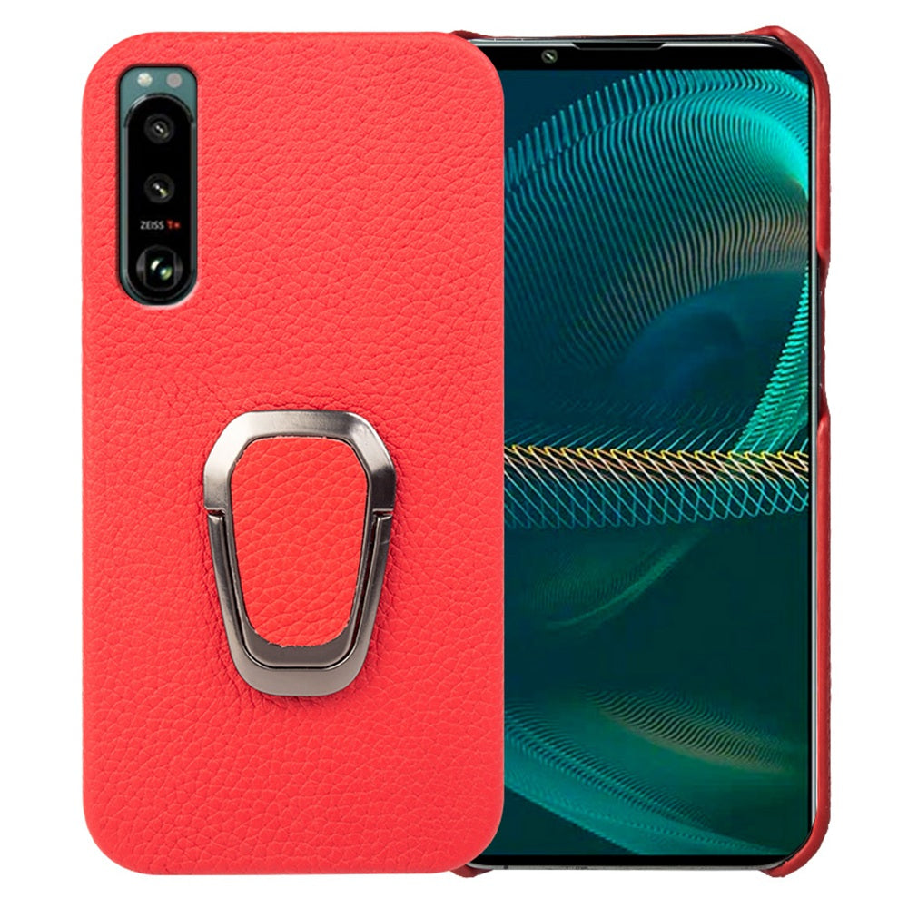 Litchi Texture Phone Cover for Sony Xperia 5 III 5G, Anti-drop Genuine Leather Coated PC Case with Ring Holder Kickstand