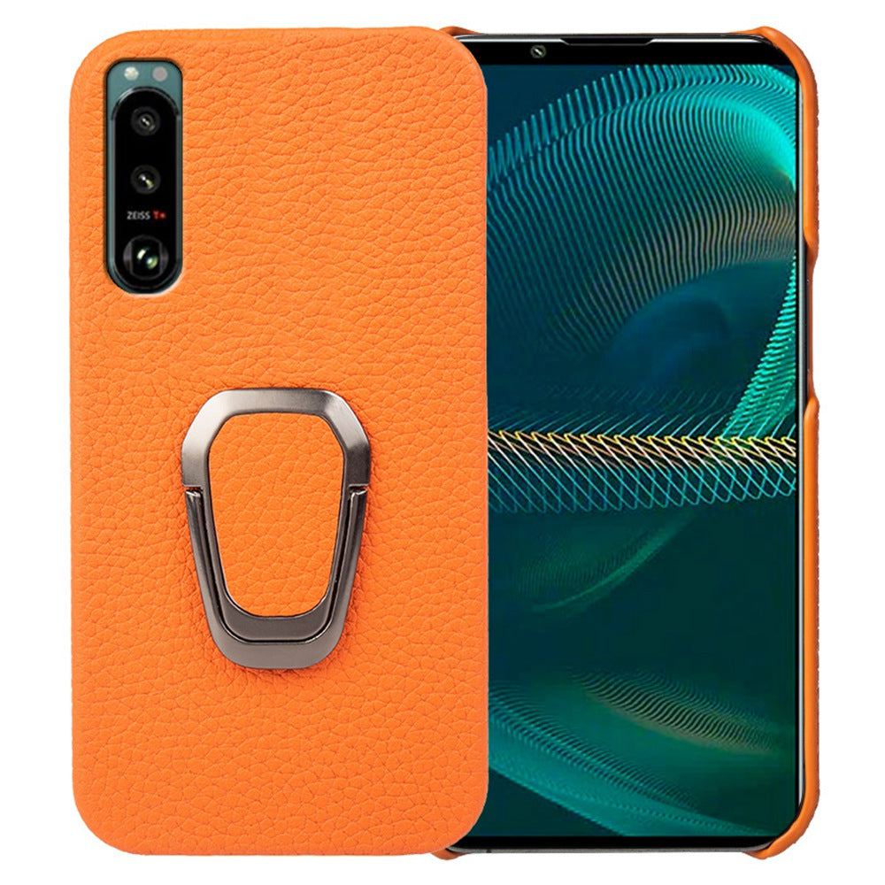 Litchi Texture Phone Cover for Sony Xperia 5 III 5G, Anti-drop Genuine Leather Coated PC Case with Ring Holder Kickstand