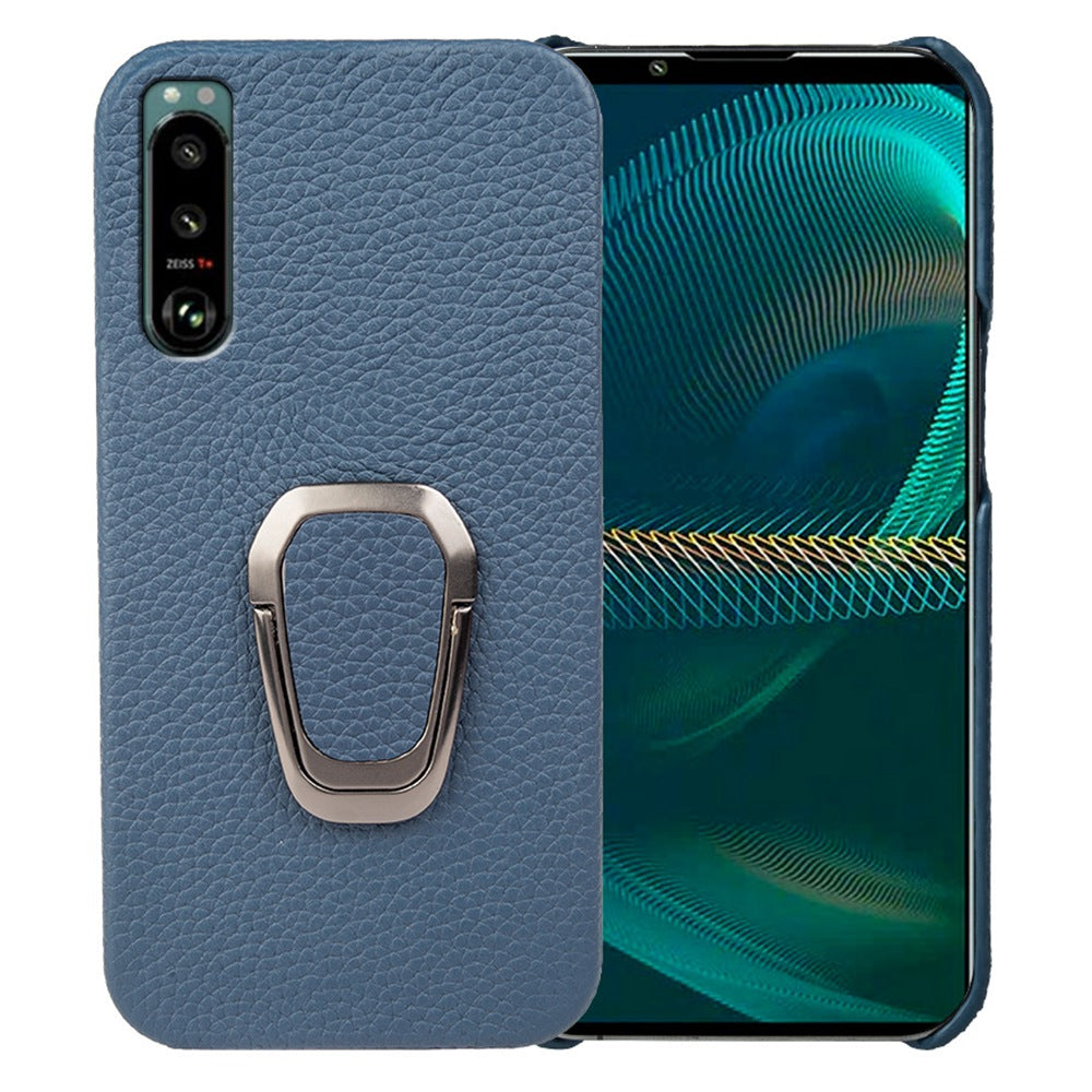 Litchi Texture Phone Cover for Sony Xperia 5 III 5G, Anti-drop Genuine Leather Coated PC Case with Ring Holder Kickstand