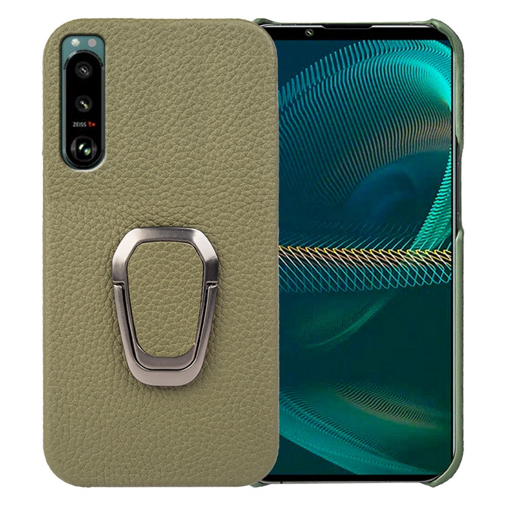 Litchi Texture Phone Cover for Sony Xperia 5 III 5G, Anti-drop Genuine Leather Coated PC Case with Ring Holder Kickstand